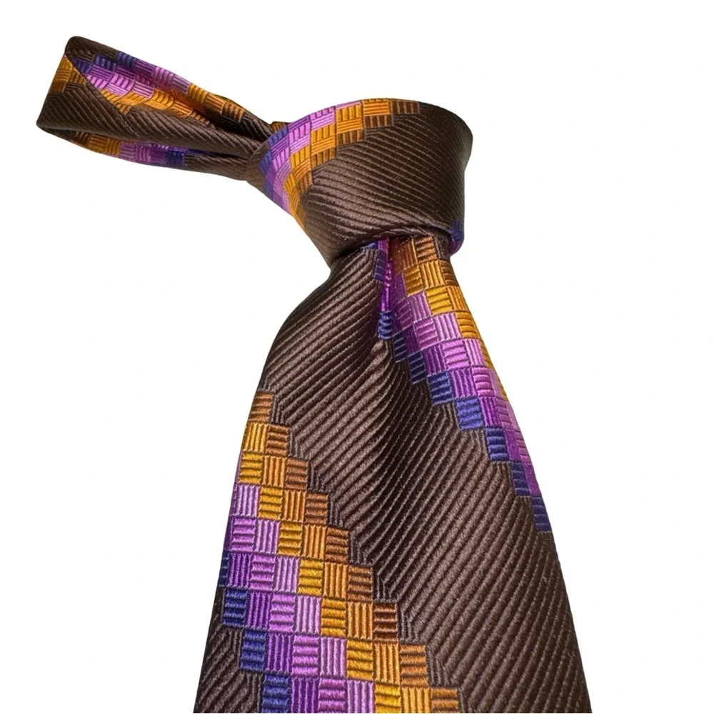 Bijan Handcrafted Silk Tie – Italy – Brown, Purple, Gold Stripes - Picture 6 of 10